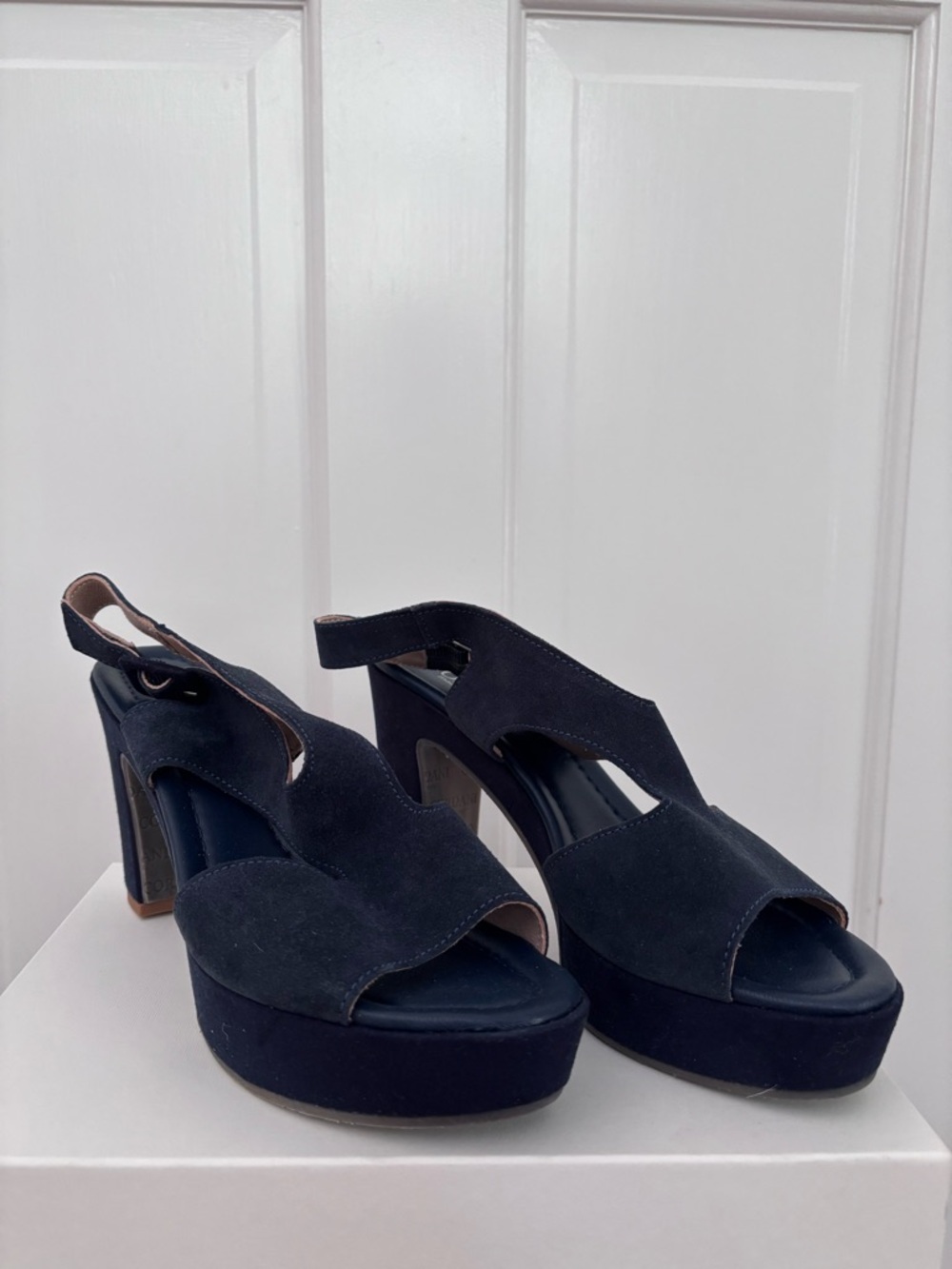 Cordani Navy Suede Platform Peep-Toe Slingbacks